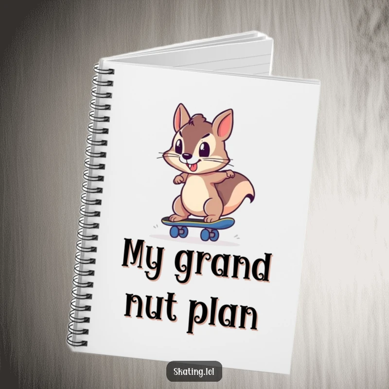 Funny squirrel on a skateboard, pushing off with determination, illustrated on a notebook cover for humorous intent.