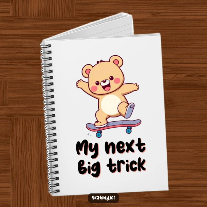 Funny Notebook featuring a cheerful bear character executing a skateboard jump trick, designed to inspire creative note-taking.