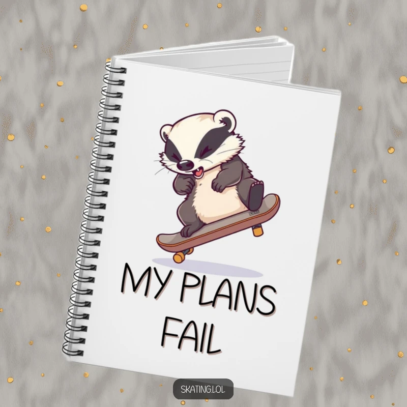 Funny notebook cover: A clumsy badger with legs tied up on a skateboard mid-flip, illustrating humorous action and determination.