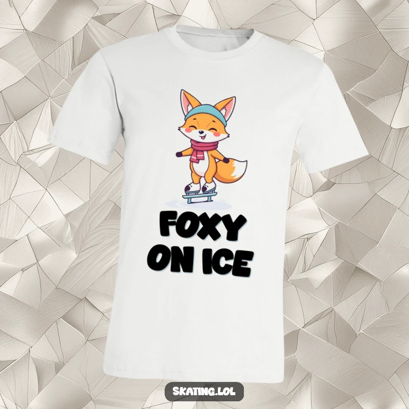 Funny T-Shirt featuring a smiling fox character effortlessly balancing on ice skates, radiating winter happiness.
