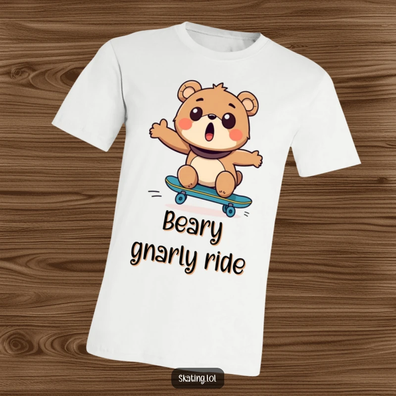 Funny Bear Skateboarder T-Shirt: A delighted bear with a surprised expression confidently rides a skateboard.