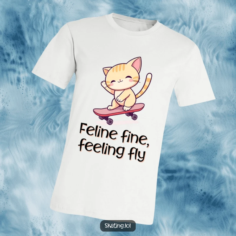 Funny cat character gracefully gliding on a skateboard, tail held high, showcasing a cool and happy demeanor, perfect for t-shirt wearers.