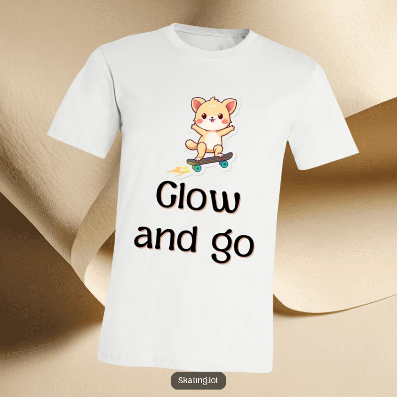 Funny t-shirt featuring a tiny animal excitedly spinning on a skateboard, the wheels emitting a vibrant glow, full of energy.