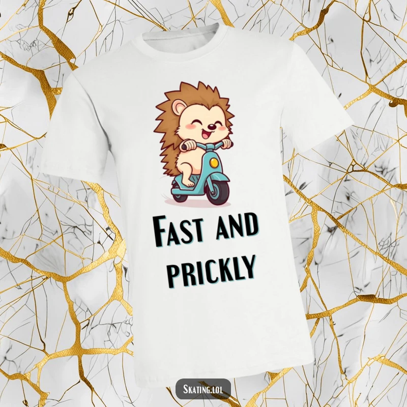 Funny hedgehog t-shirt, a small hedgehog zipping downhill on a scooter with a look of pure delight and excitement.