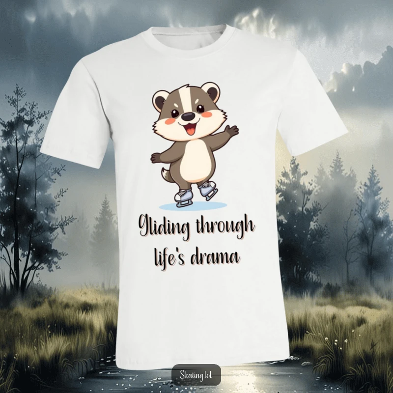 Funny ice skating badger t-shirt, a happy animal performing a balletic spin on skates, great humorous gift.