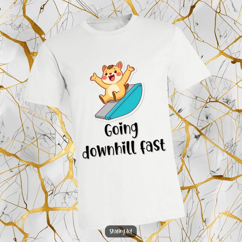 Funny t-shirt depicting an enthusiastic animal character sliding down a ramp with a triumphant flourish, radiating joy and accomplishment.