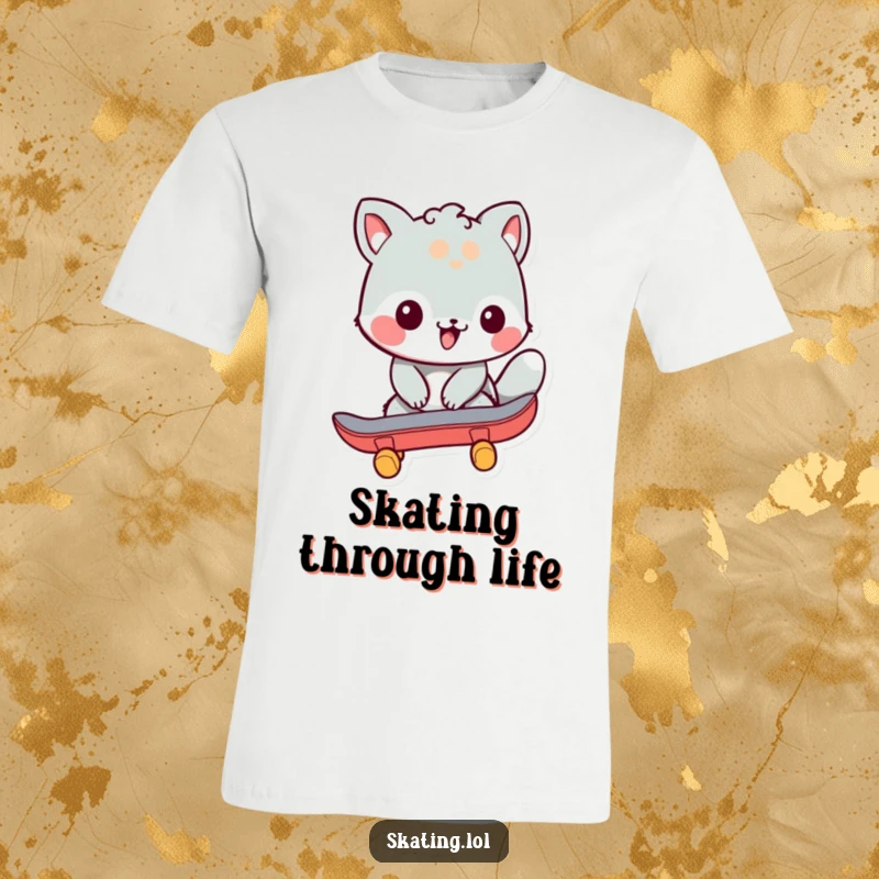 Funny t-shirt showing a cheerful animal character initiating a skateboard ride with a strong push-off, celebrating skating fun humorously.