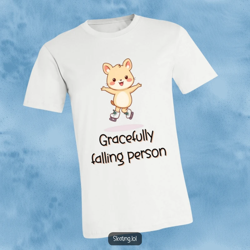 Funny t-shirt with a small, happy animal character mid-wobbly pirouette on skates, showcasing pure joy and humorous effort.