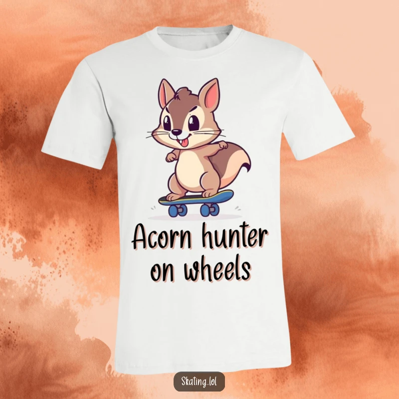 Funny, determined squirrel character strongly pushing off a skateboard, illustrating focus and forward momentum for a t-shirt.
