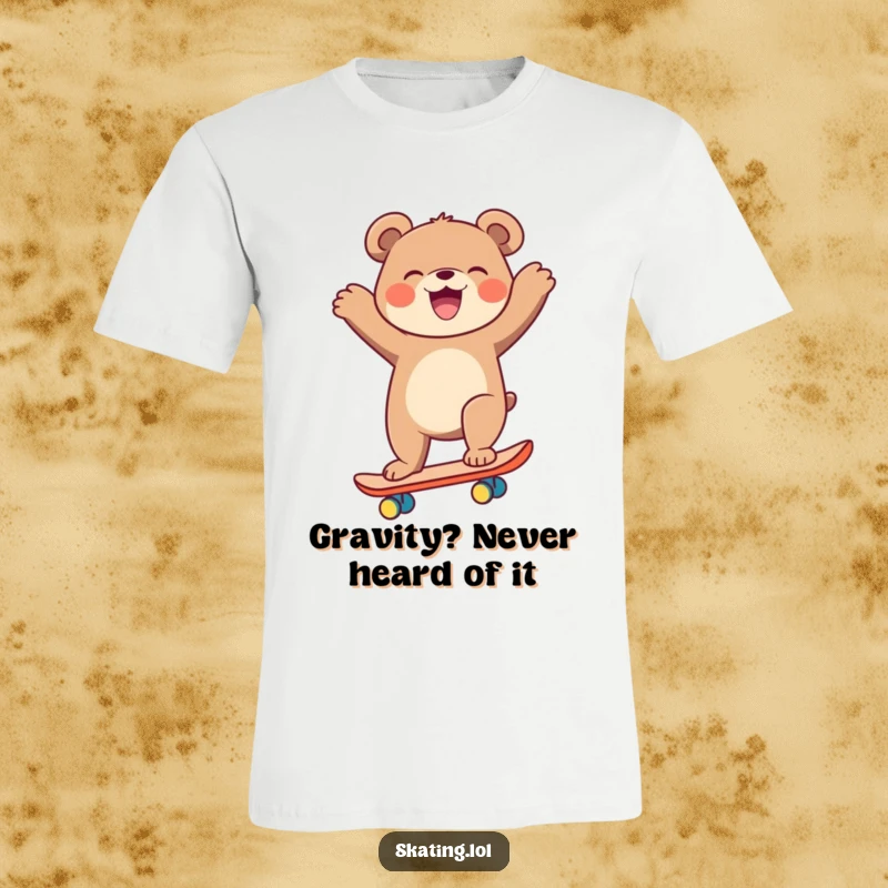 Funny bear on a skateboard, arms flailing, laughing hysterically, cool t-shirt for a funny gift.
