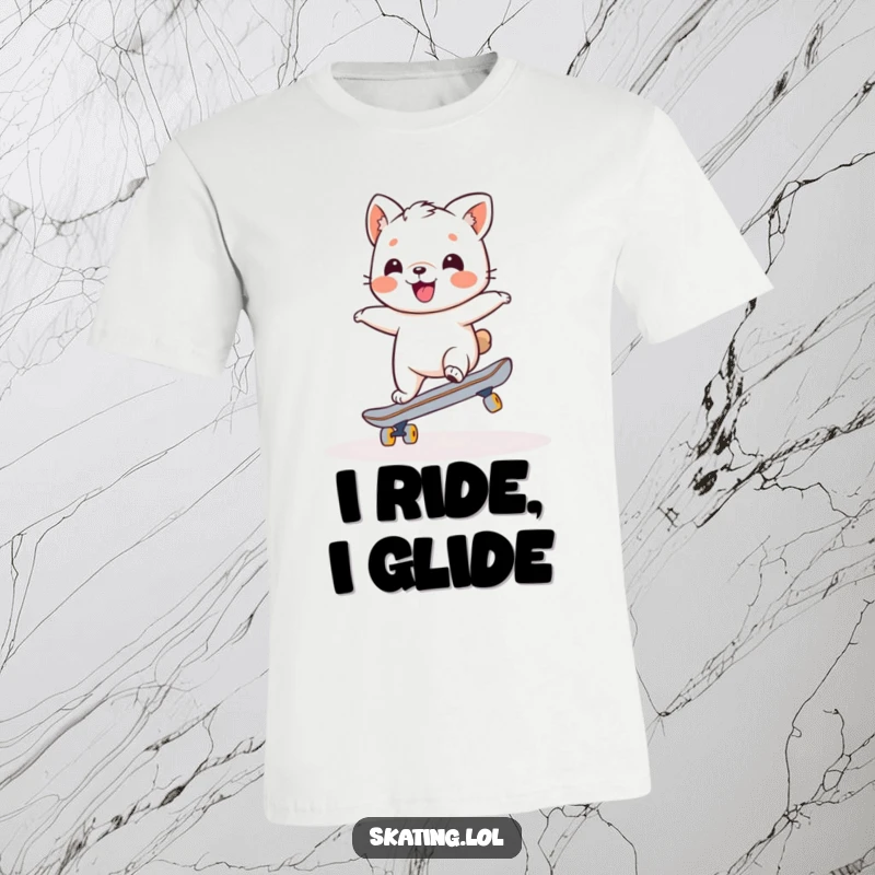 Funny t-shirt featuring a charming animal character attempting a wobbly, joyful balance on a skateboard, looking endearingly clumsy and determined.