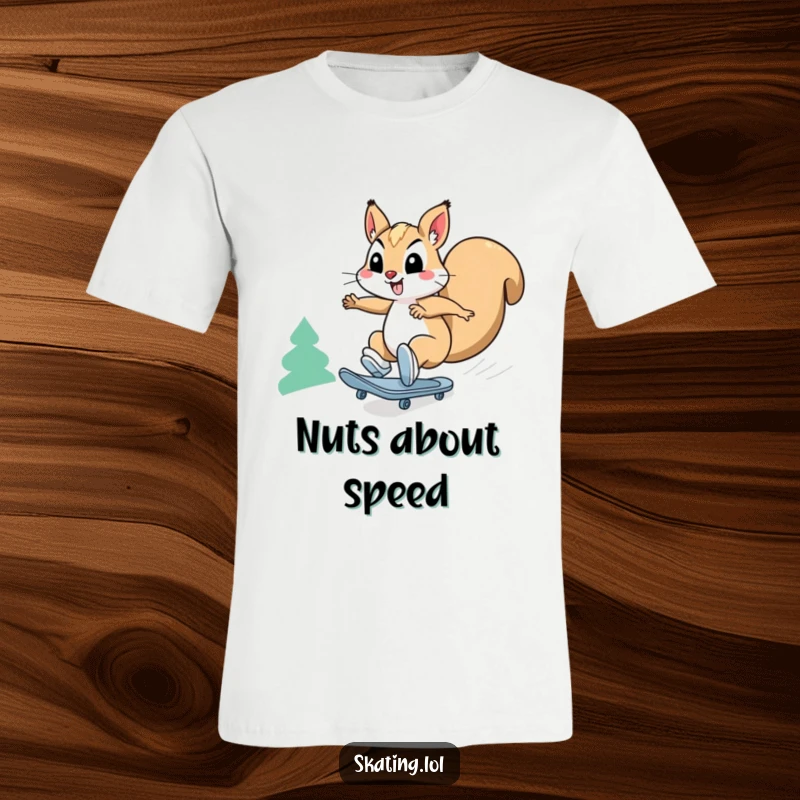Funny squirrel t-shirt: a happy squirrel character comically skates downhill at breakneck speed, showing extreme velocity.