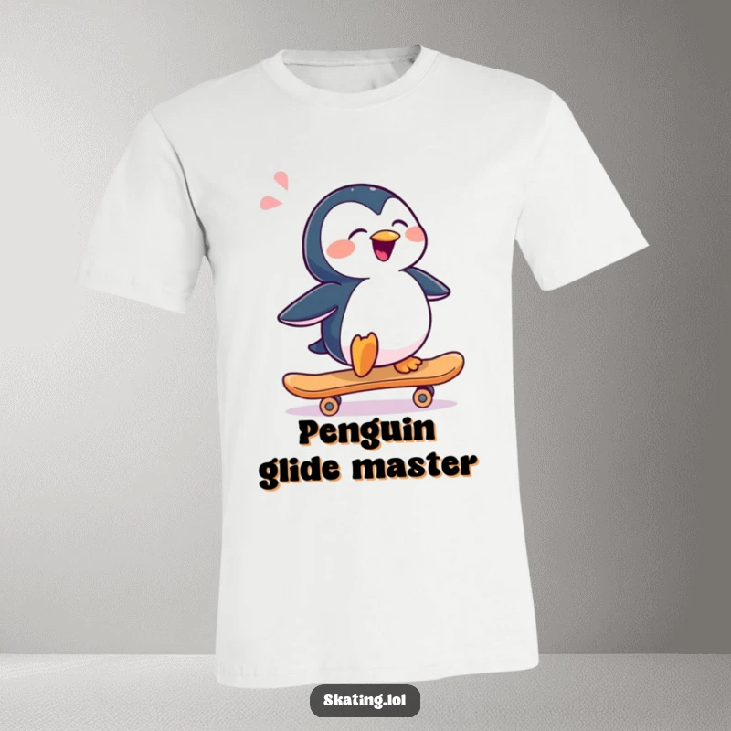 Funny, joyful penguin character sliding sideways on a skateboard with a happy sigh, perfect for a cool and humorous t-shirt.