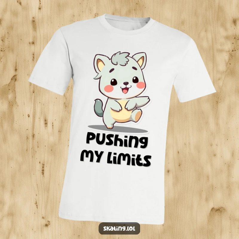 Funny t-shirt displaying an adorable animal character with a huge happy grin, playfully pushing off with one leg, full of glee.