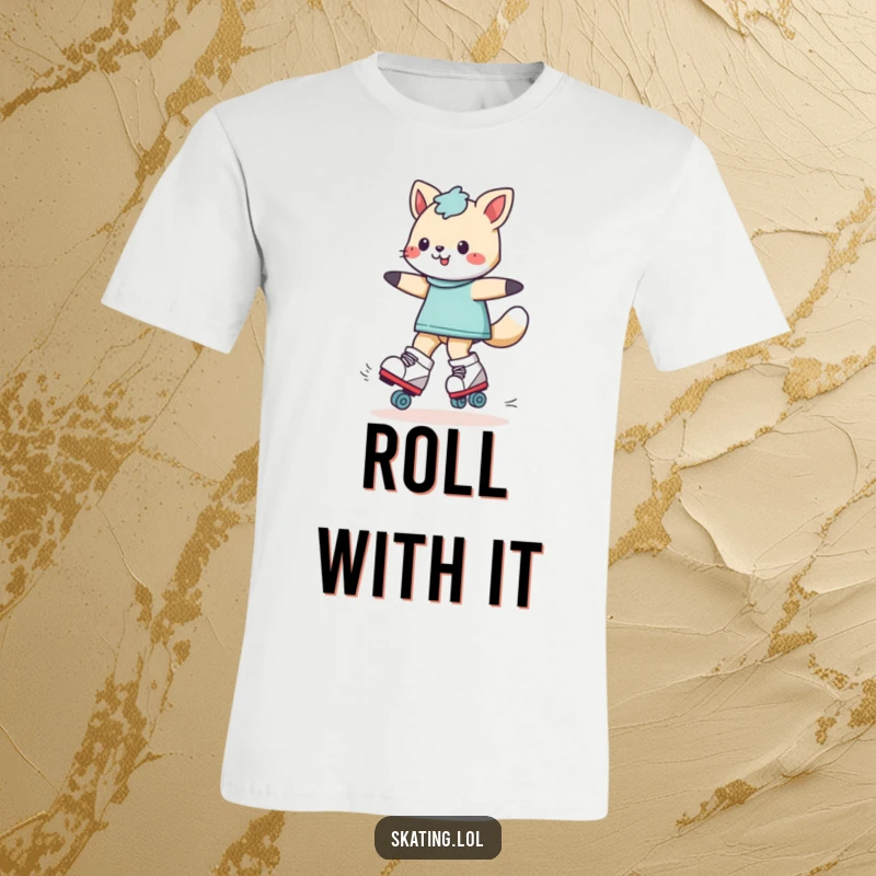 Funny playful animal character performing a dynamic spin on roller skates, printed on a comfortable t-shirt for humorous style.