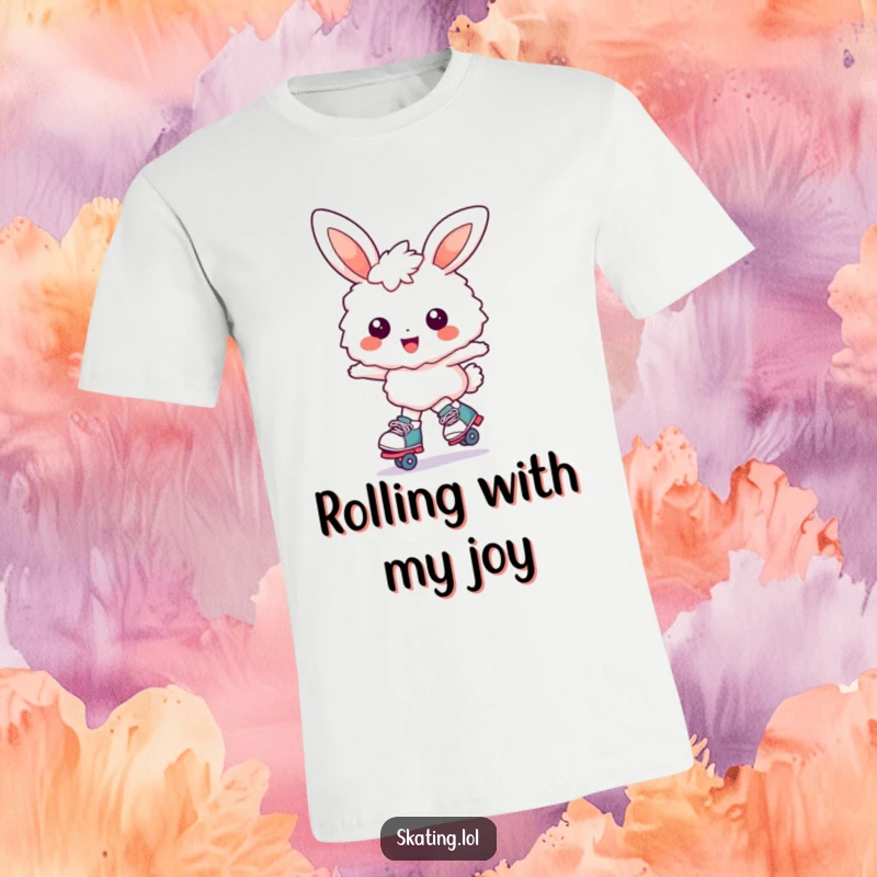 Funny bunny t-shirt: a fluffy bunny character joyfully glides on roller skates with a massive, happy smile, full of energy.