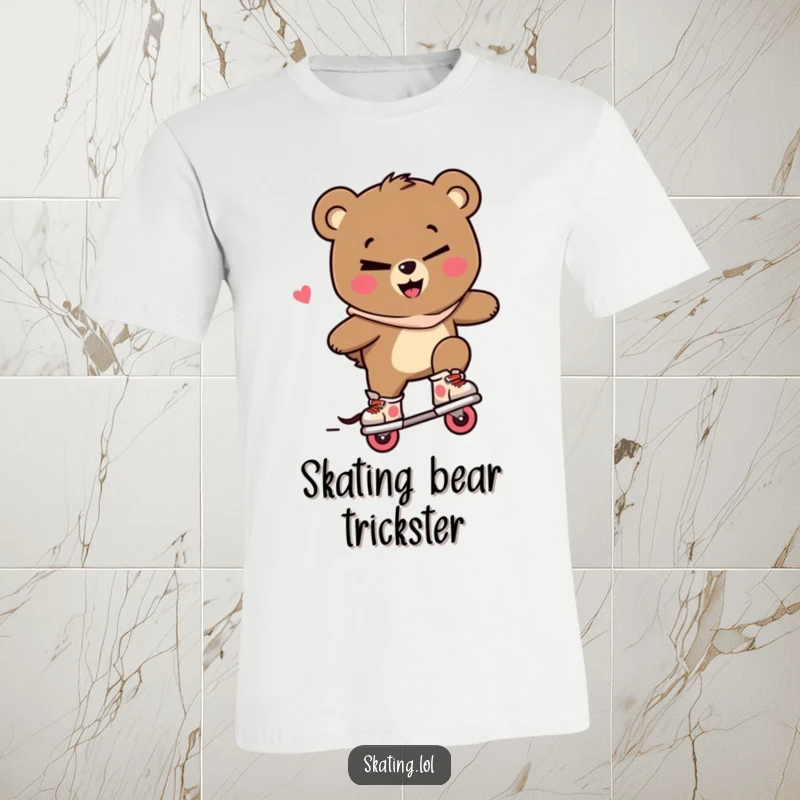 Funny bear t-shirt, a cool bear character winking while performing a trick on inline skates with a mischievous smile.