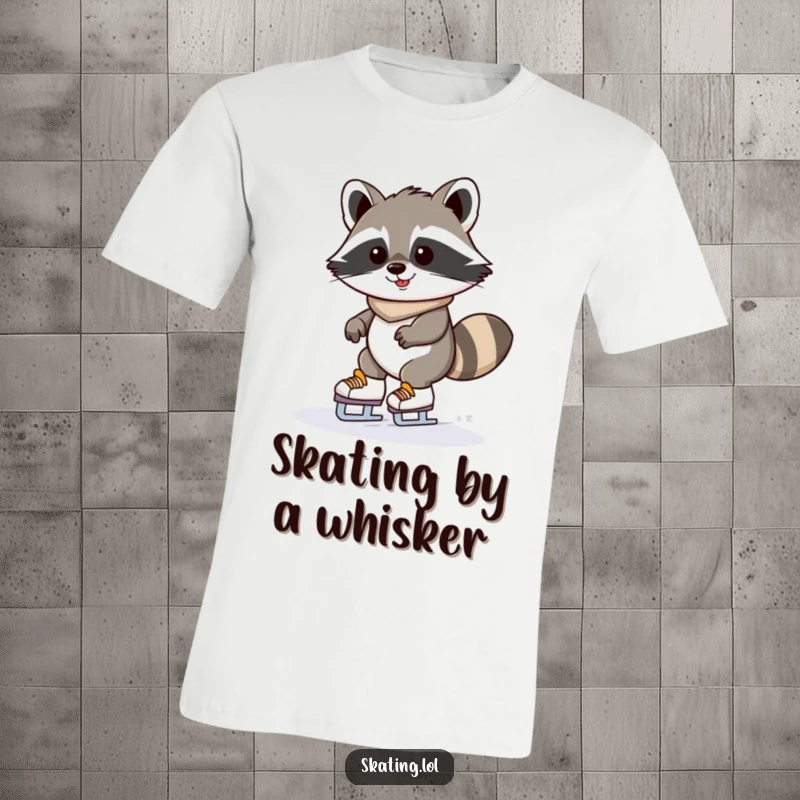 Funny raccoon t-shirt featuring a determinedly grinning kawaii raccoon wobbling hilariously on ice skates; a humorous winter apparel.