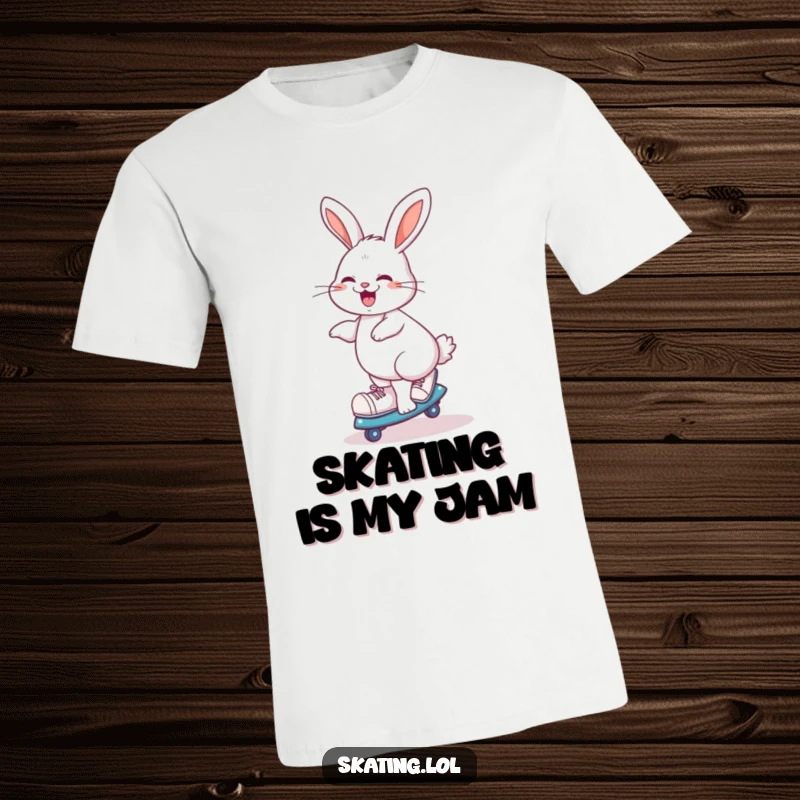Funny giggling rabbit doing a playful spin on roller skates, t-shirt graphic for skaters and fun lovers.