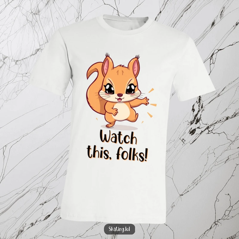 Funny determined squirrel with wide eyes, mid-air performing a flashy trick, t-shirt graphic for daredevils.