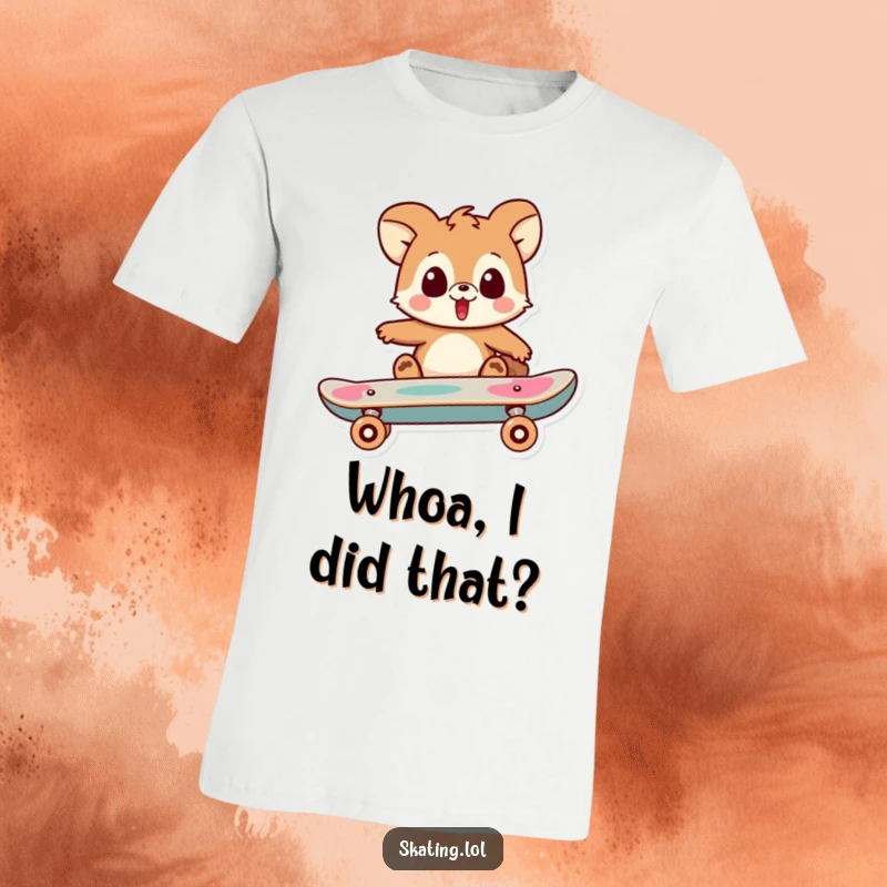 Funny t-shirt showing a playful animal character with wide eyes, surprised by their skateboard performing an amazing trick, capturing pure disbelief.