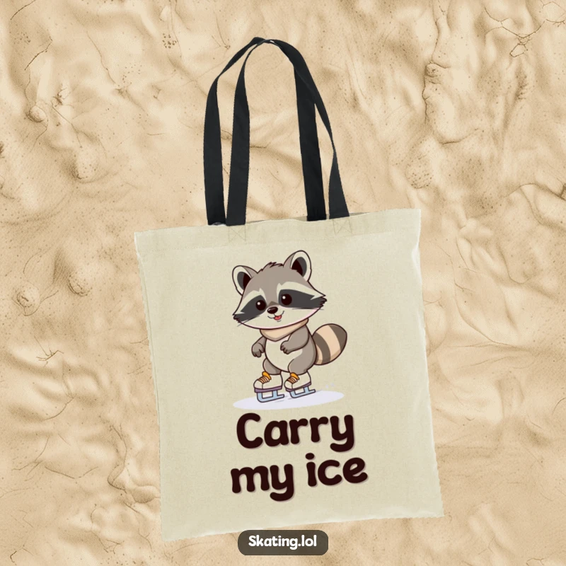 Funny raccoon tote bag featuring a determinedly grinning kawaii raccoon wobbling precariously on ice skates; a humorous accessory.
