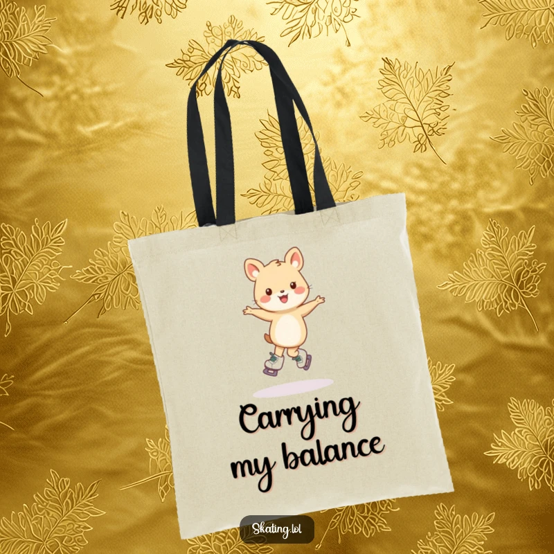 Funny tote bag showing a small animal character's charmingly wobbly pirouette on skates, ideal for carrying essentials with humor.