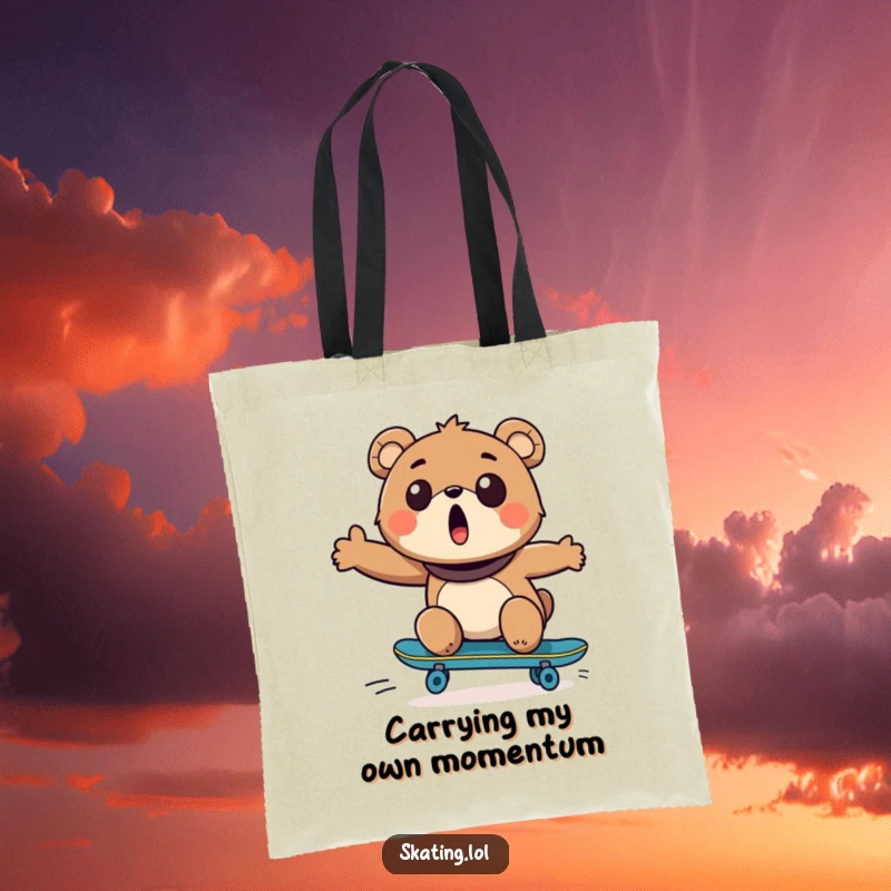 Funny Bear Skateboarder Tote Bag: A delighted bear on a skateboard, smiling widely, perfect for daily use.
