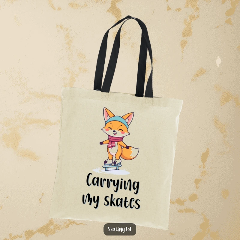 Funny Tote Bag with a happy fox character smiling and balancing on ice skates, ready for winter outings.