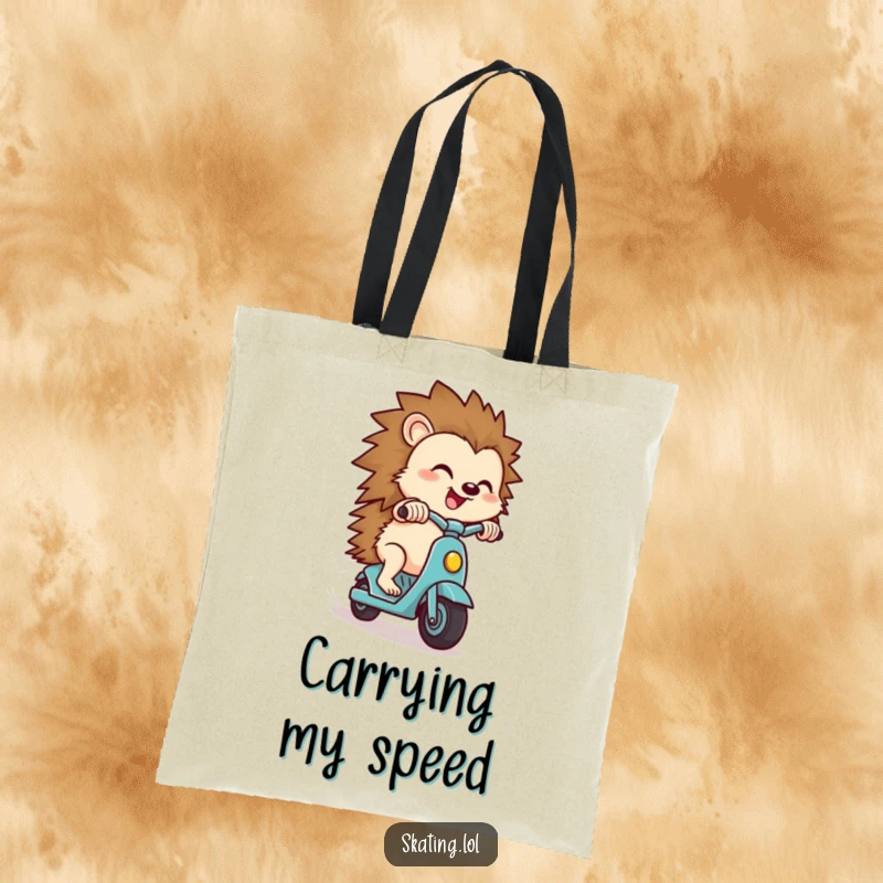 Funny hedgehog tote bag, a small hedgehog zipping downhill on a scooter with an expression of pure delight.