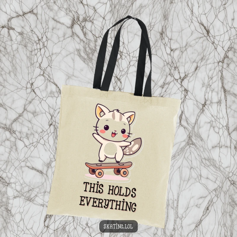 Funny animal character balancing on a single skateboard wheel, printed on a durable tote bag for a humorous and practical accessory.