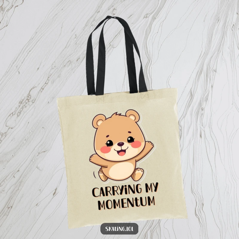 Funny tote bag with a happy bear, determined grin, smoothly gliding, showcasing a cheerful and adventurous vibe.