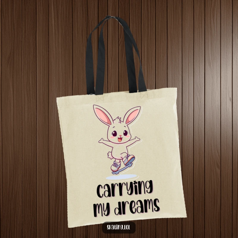Funny tote bag featuring a delightful bunny character bouncing and attempting a graceful spin on ice skates, symbolizing joyful movement.