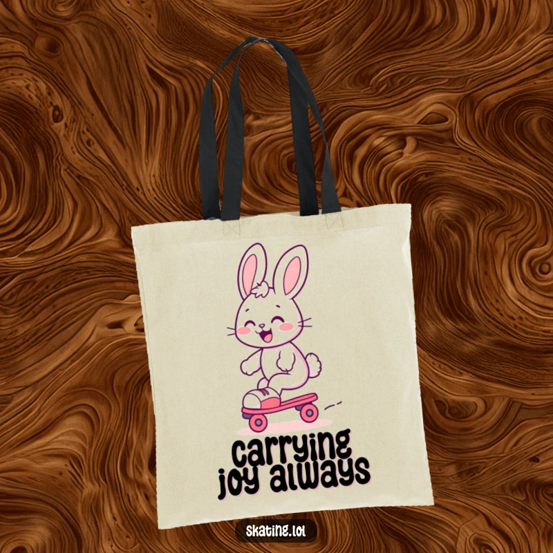 Funny bunny tote bag, a cute bunny gleefully gliding on roller skates with a joyful expression, ready for adventure.