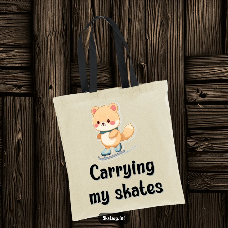 Funny fuzzy animal character smoothly gliding on ice skates, printed on a durable tote bag for a humorous and practical accessory.