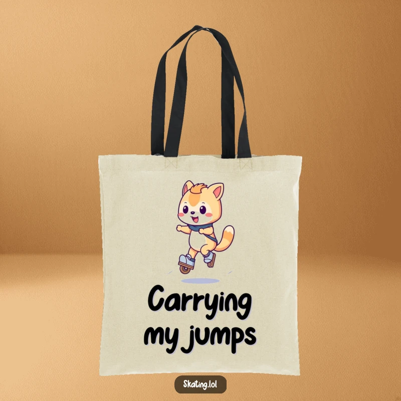 Funny Inline Skater Tote Bag with a happy wheeled character doing a small jump on inline skates, ideal for carrying essentials humorously.