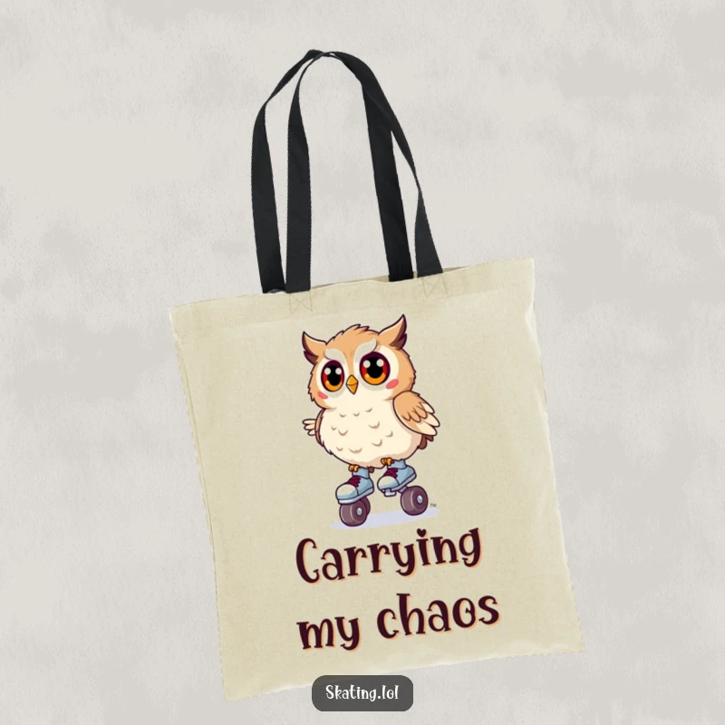 Funny tote bag showing a surprised owl precariously wobbling on tiny roller skates, perfect for carrying essentials with humor.