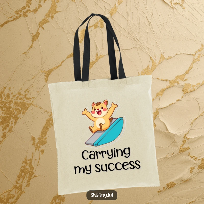 Funny tote bag with an enthusiastic animal character sliding down a ramp with a flourish, perfect for carrying triumphant vibes.