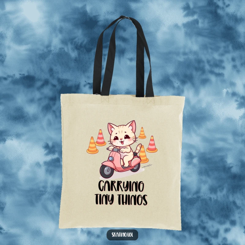 Funny Tote Bag with a playful cat character weaving through cones on a scooter, perfect for carrying daily items.
