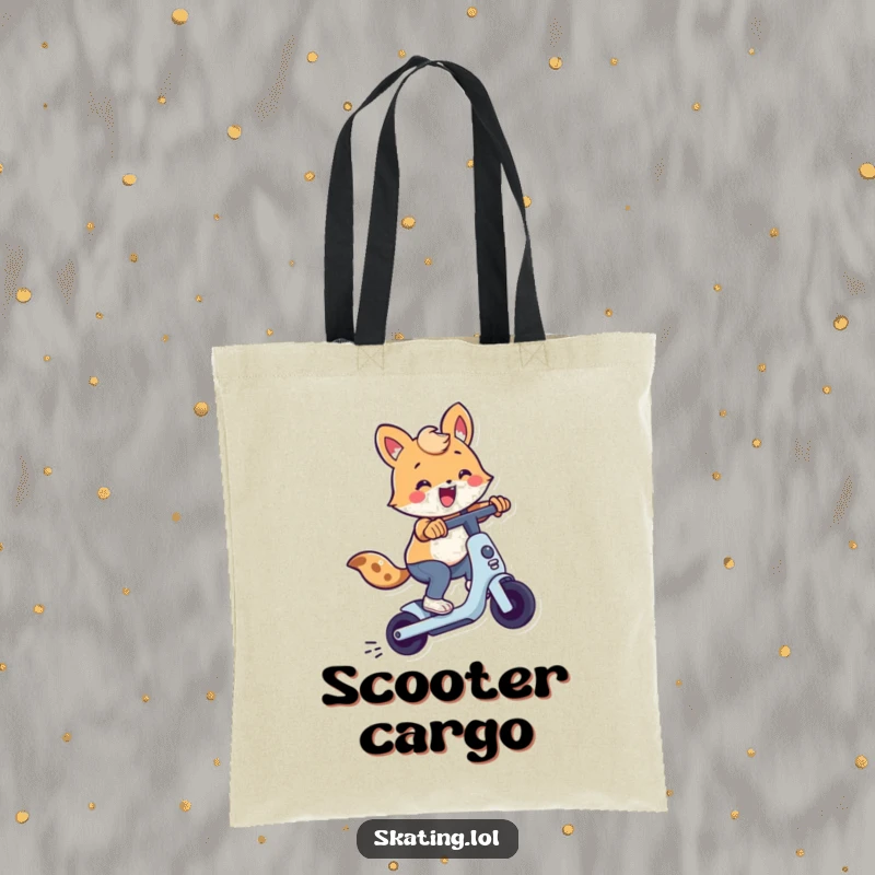 Cute animal character performing a trick on a scooter, printed on a durable tote bag for a humorous and practical accessory.