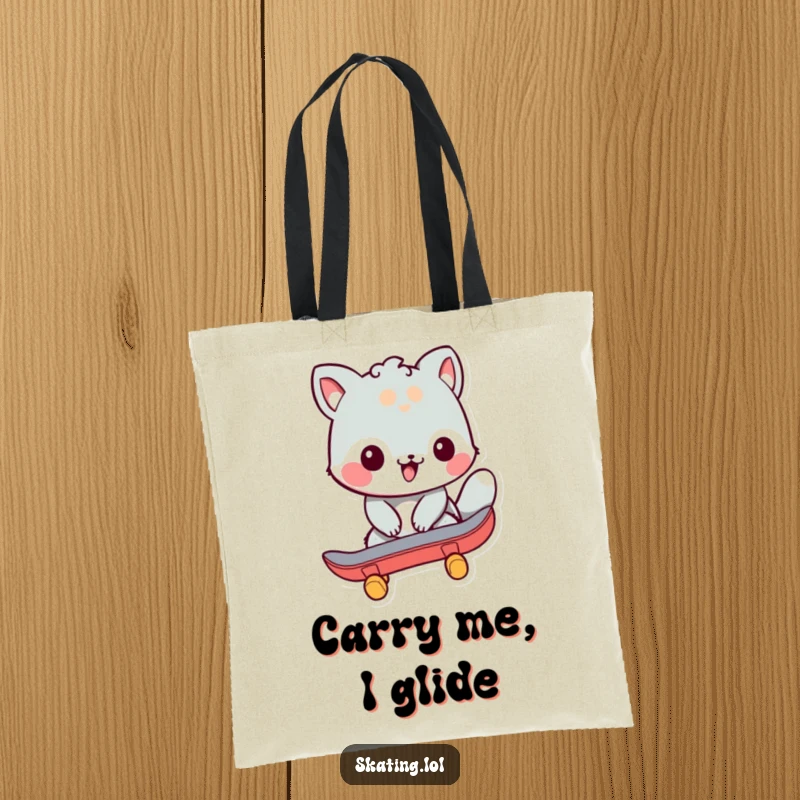 Funny tote bag depicting a friendly animal character pushing off with a skateboard, showcasing the excitement and humor of starting a skate session.