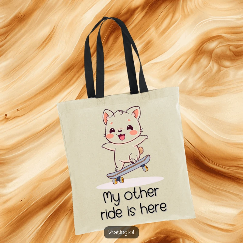 Funny tote bag showcasing a charming animal character wobbly on a skateboard, displaying a humorous yet determined balancing act.