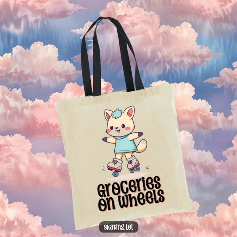 Funny playful animal character spinning on roller skates, printed on a durable tote bag for a humorous and practical accessory.