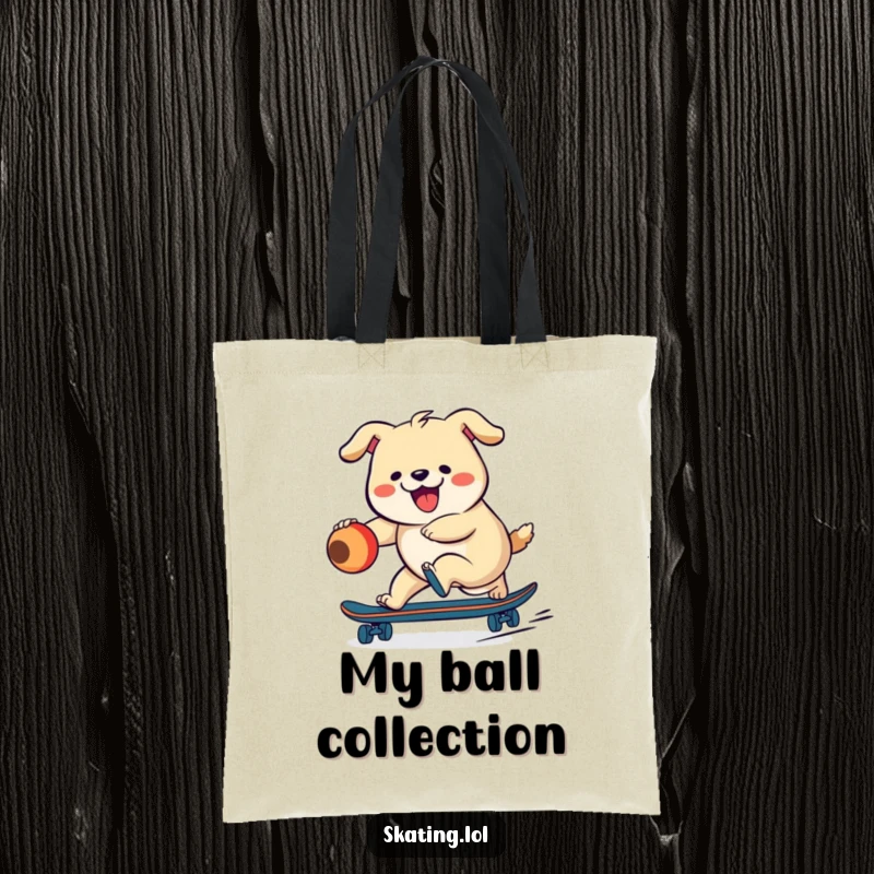 Funny dog character chasing a ball on a skateboard, designed for a humorous and practical tote bag.