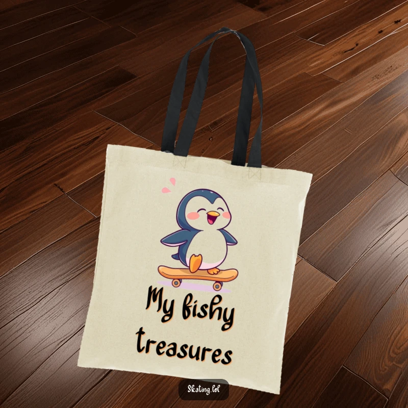 Funny penguin character sliding sideways on a skateboard, designed for a humorous and practical tote bag.