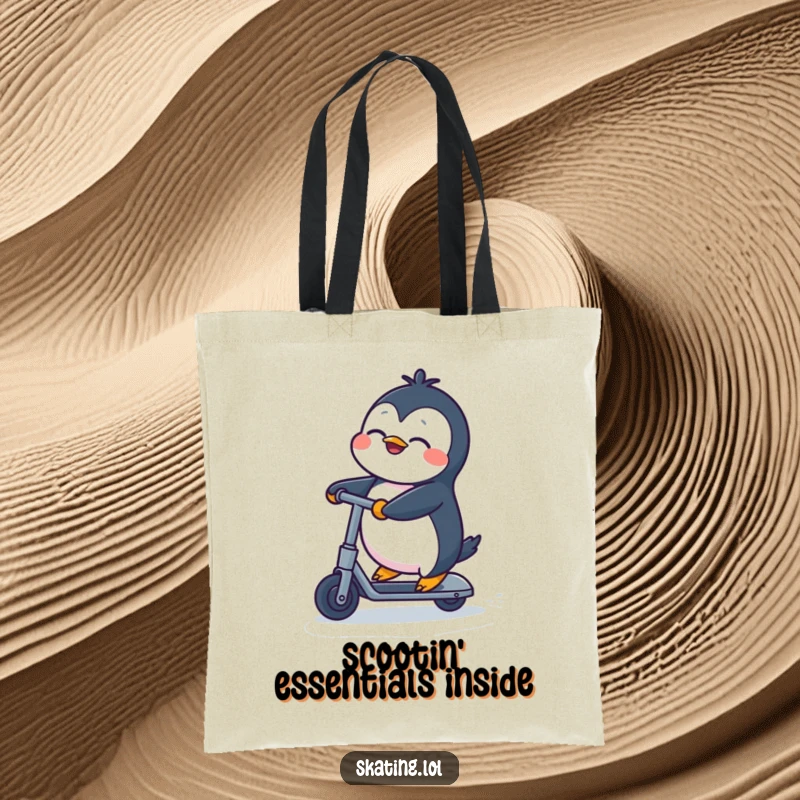 Funny Penguin Tote Bag: Cute penguin on a kick scooter, eyes closed in ecstatic motion, great for a funny gift.