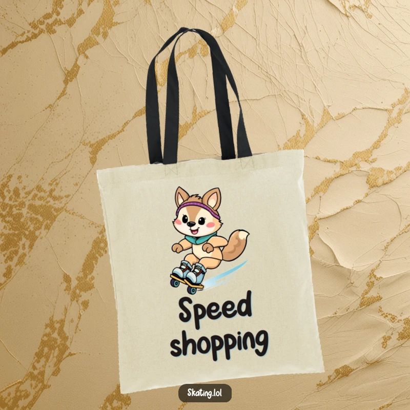 Funny animal character zooming downhill on rollerblades with a grin, printed on a durable tote bag for a humorous accessory.