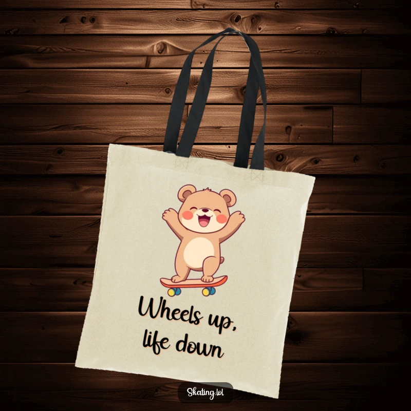Funny bear on a skateboard, arms flailing, laughing, practical tote bag for a funny gift.